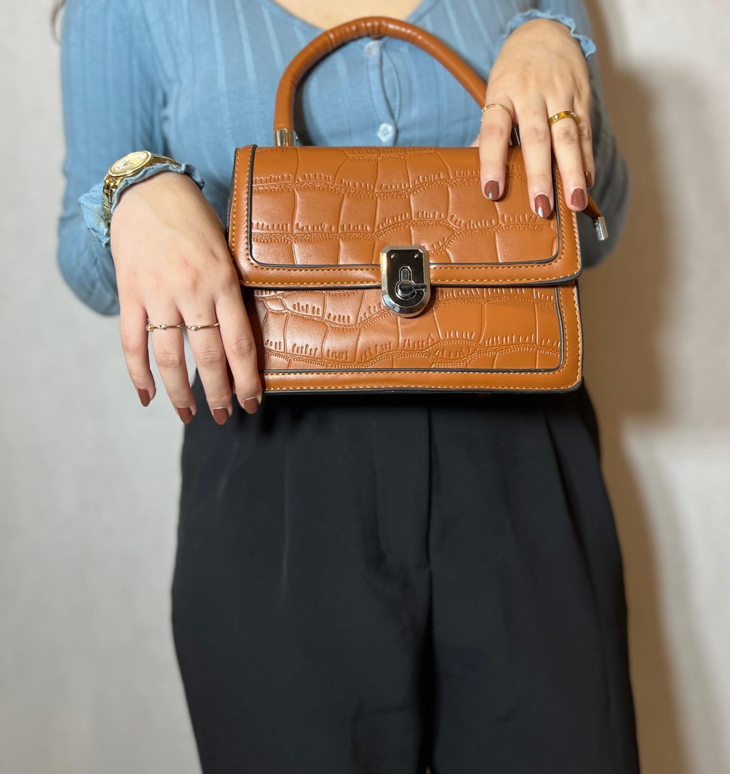 Bronze Croc Textured Crossbody Bag